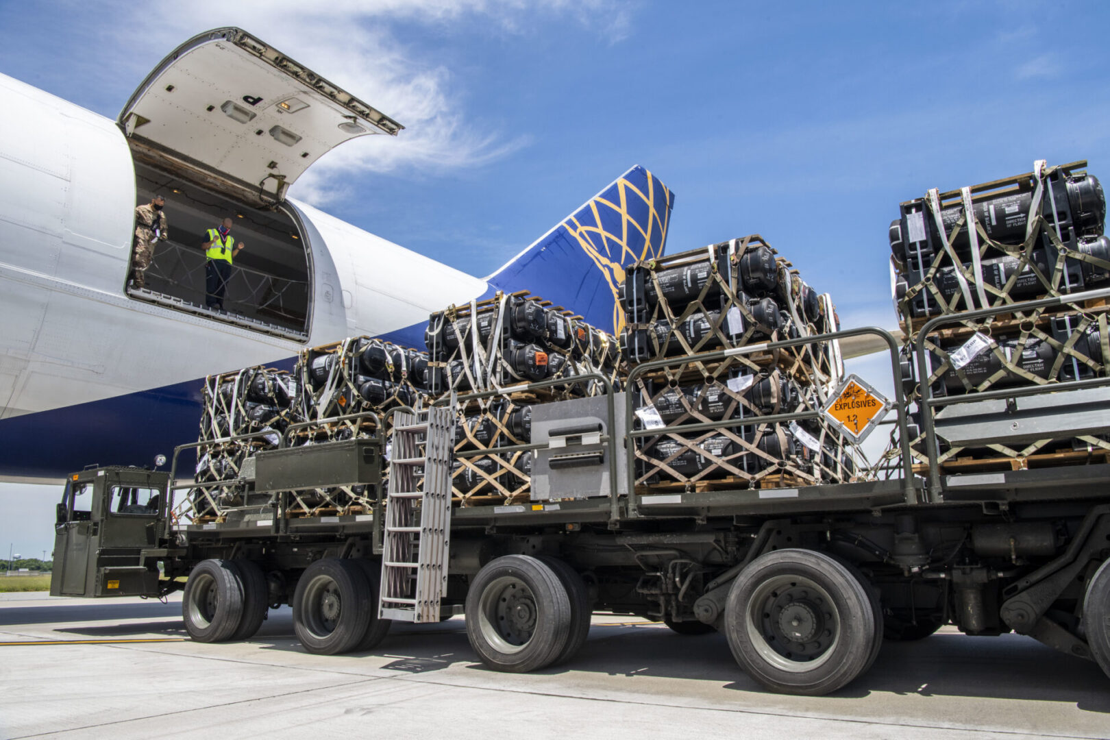 436th Aerial Port Squadron Airmen load cargo being delivered to Ukraine onto a contracted aircraft at Dover Air Force Base, Delaware, June 16, 2020. Contracted aircraft stopped at Dover AFB to pick up cargo as part of a foreign military sales project. The U.S. is committed to the sovereignty and territorial integrity of Ukraine. The two countries continue to strengthen their partnership first initiated in 1993. (U.S. Air Force photo by Senior Airman Christopher Quail)