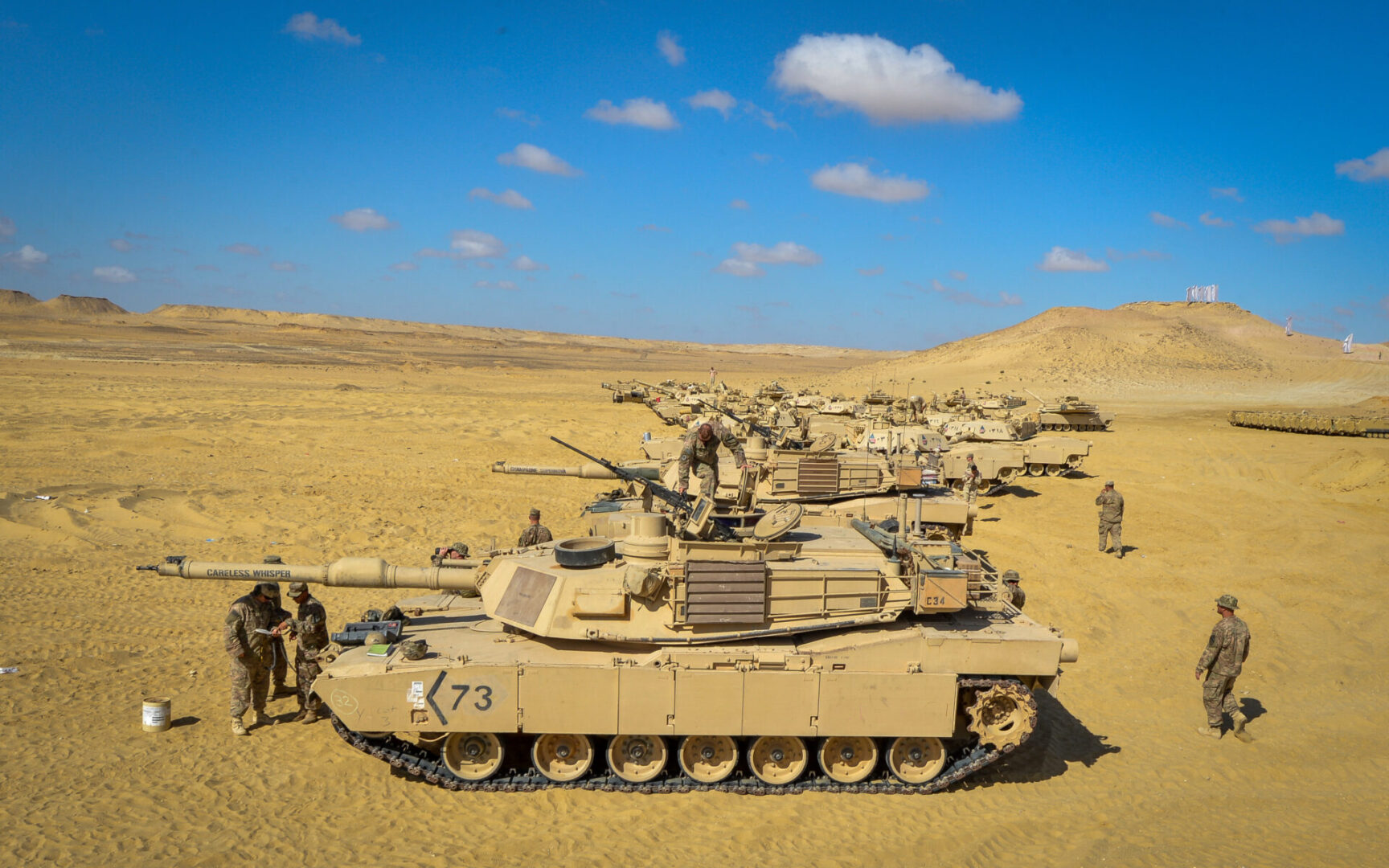 Soldiers from the 2nd Battalion, 7th Cavalry Regiment, 3rd Armored Combat Team, 1st Cavalry Division and the Egyptian armed forces participate in a field training exercise during Bright Star 2017, Sept. 15, 2017, at Mohamed Naguib Military Base, Egypt. More than 200 U.S. service members are participating alongside the Egyptian armed forces for the bilateral U.S. Central Command Exercise Bright Star 2017, Sept. 10 - 20, 2017 at Mohamed Naguib Military Base, Egypt. (U.S. Air Force photo by Staff Sgt. Michael Battles)